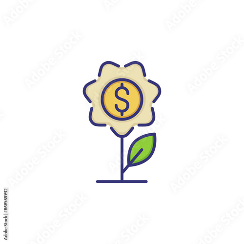 Flower with dollar sign in middle. Investment line icon. Finance concept. Can be used for topics like business, startup, new project, development, growth