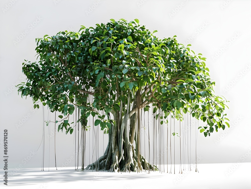 Obraz premium Towering Banyan Tree with Intricate Aerial Roots and Vibrant Green Foliage in Minimalist Setting