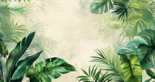 Watercolor Illustration of Lush Tropical Leaves on a Light Background