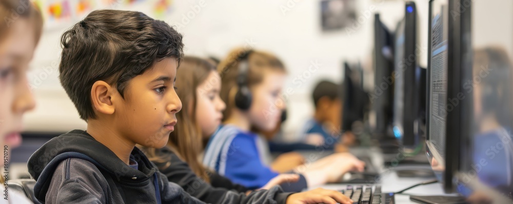 Fototapeta premium Girl and robot collaborating on text creation. Modern technology and education, ideal for illustrations about artificial intelligence and learning.
