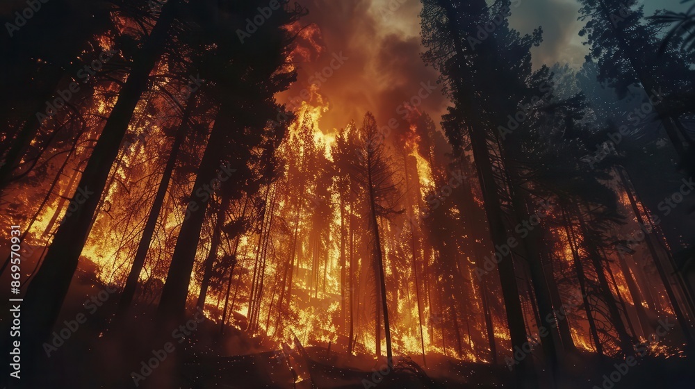 devastating wildfire raging through a dense forest at night towering