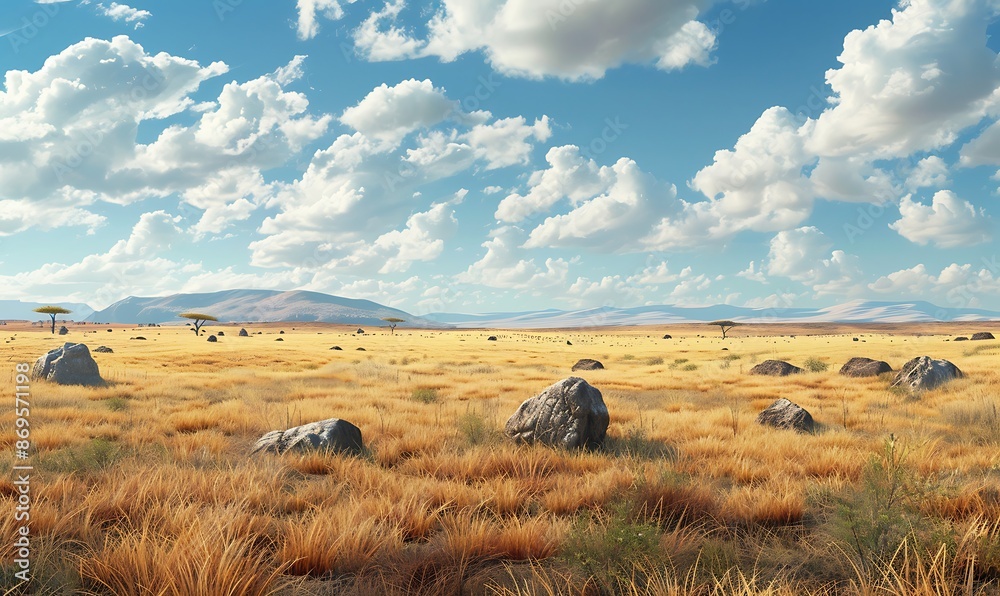 Expansive Savanna with Scattered Rocks and Faded Grass Stock Photo ...