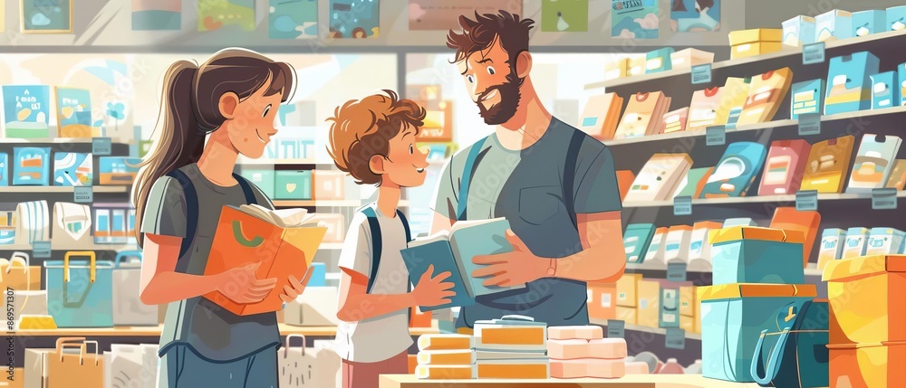 Obraz premium A family shopping for school supplies in a busy store, filled with colorful items and happy faces, lively and engaging moment