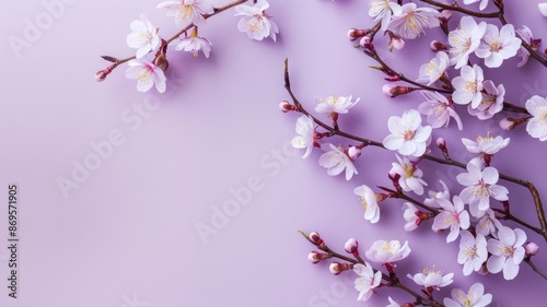 White cherry blossoms on purple background, spring theme