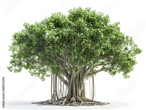 Majestic Banyan Tree with Lush Foliage and Aerial Roots in Serene White Backdrop