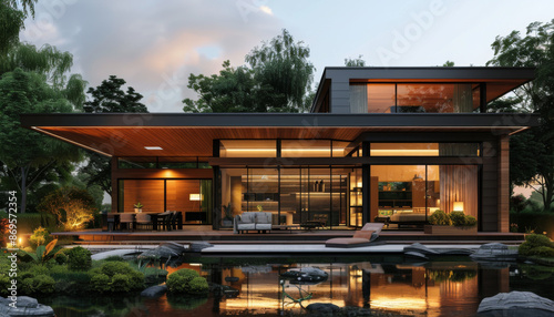 Modern House with a Pond and  Evening Lighting