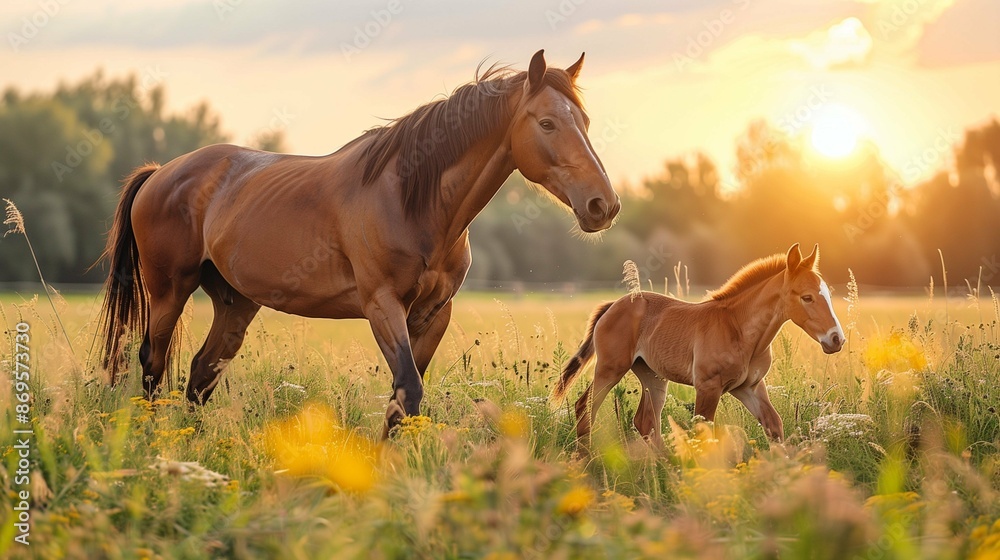 Obraz premium horse and foal at sunset