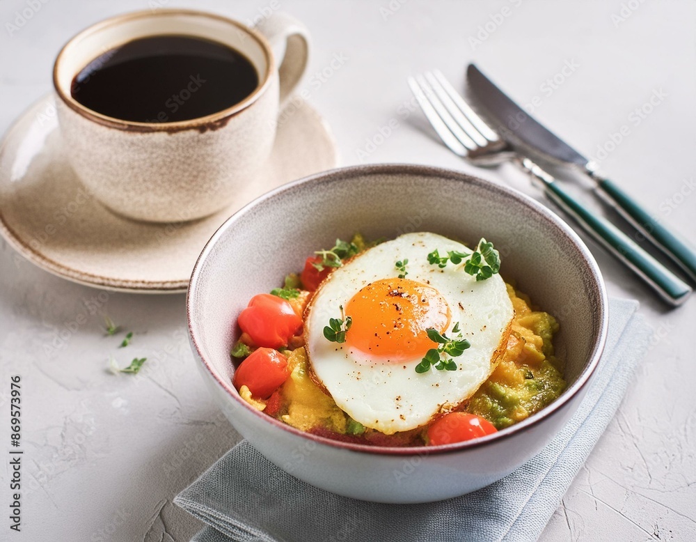 Delicious fried egg with mashed tomatoes and vegetables served in grey ceramic bowl with black coffee for an healthy breakfast Delicious fried egg with mashed tomatoes and vegetables served in grey ceramic bowl with black coffee for an healthy breakfast