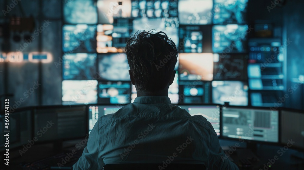 Back view of young man with watching surveillance footage and map on computers Back view of young man with watching surveillance footage and map on computers