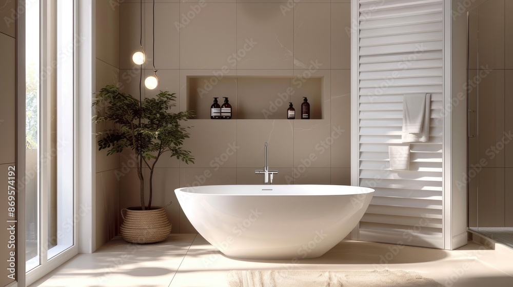 Beige bathroom interior with tub Beige bathroom interior with tub