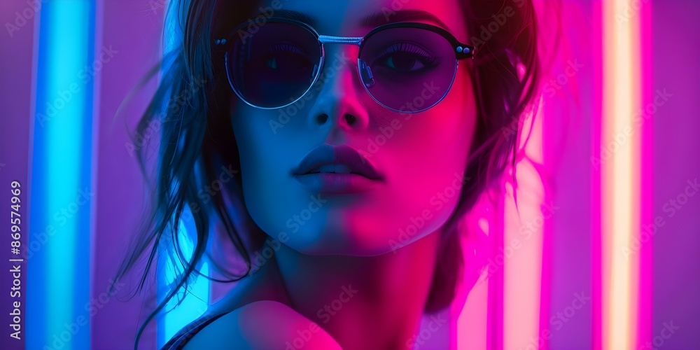 Neon-lit Digital Art of a Fashionable Woman Wearing Cyberpunk Glasses. Concept Neon, Digital Art, Fashionable Woman, Cyberpunk Glasses Neon-lit Digital Art of a Fashionable Woman Wearing Cyberpunk Glasses. Concept Neon, Digital Art, Fashionable Woman, Cyberpunk Glasses