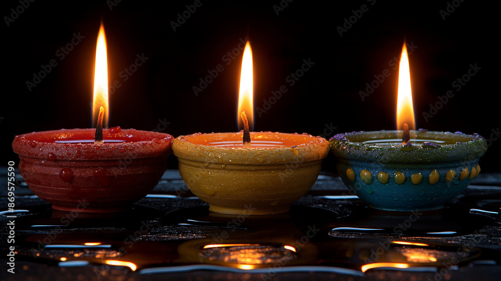 Diwali symbol concepts with light drop splash isolated on dark background, Greeting card for Happy Diwali Festival of light with clay Diya lamps. Top view. Generative AI Illustrations. Diwali symbol concepts with light drop splash isolated on dark background, Greeting card for Happy Diwali Festival of light with clay Diya lamps. Top view. Generative AI Illustrations.