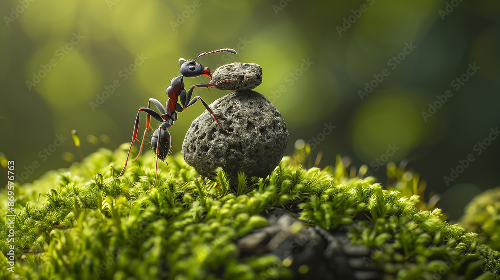 A small red ant was crawling on a rock. Stones lie on a surface with green moss. A small red ant was crawling on a rock. Stones lie on a surface with green moss.