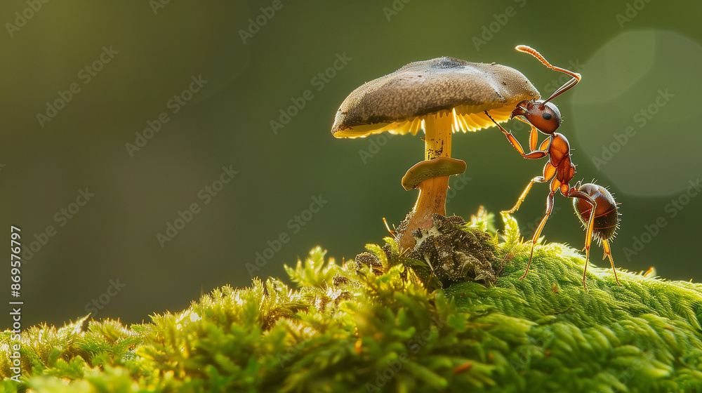 Fototapeta premium A small red ant is crawling on a mushroom. The mushroom is on a green mossy surface