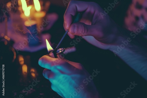 Preparing his dose Man preparin his dose of drugs with lighter and a spoon photo