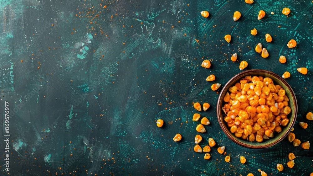 Spiced corn kernels in bowl on textured, dark surface Spiced corn kernels in bowl on textured, dark surface