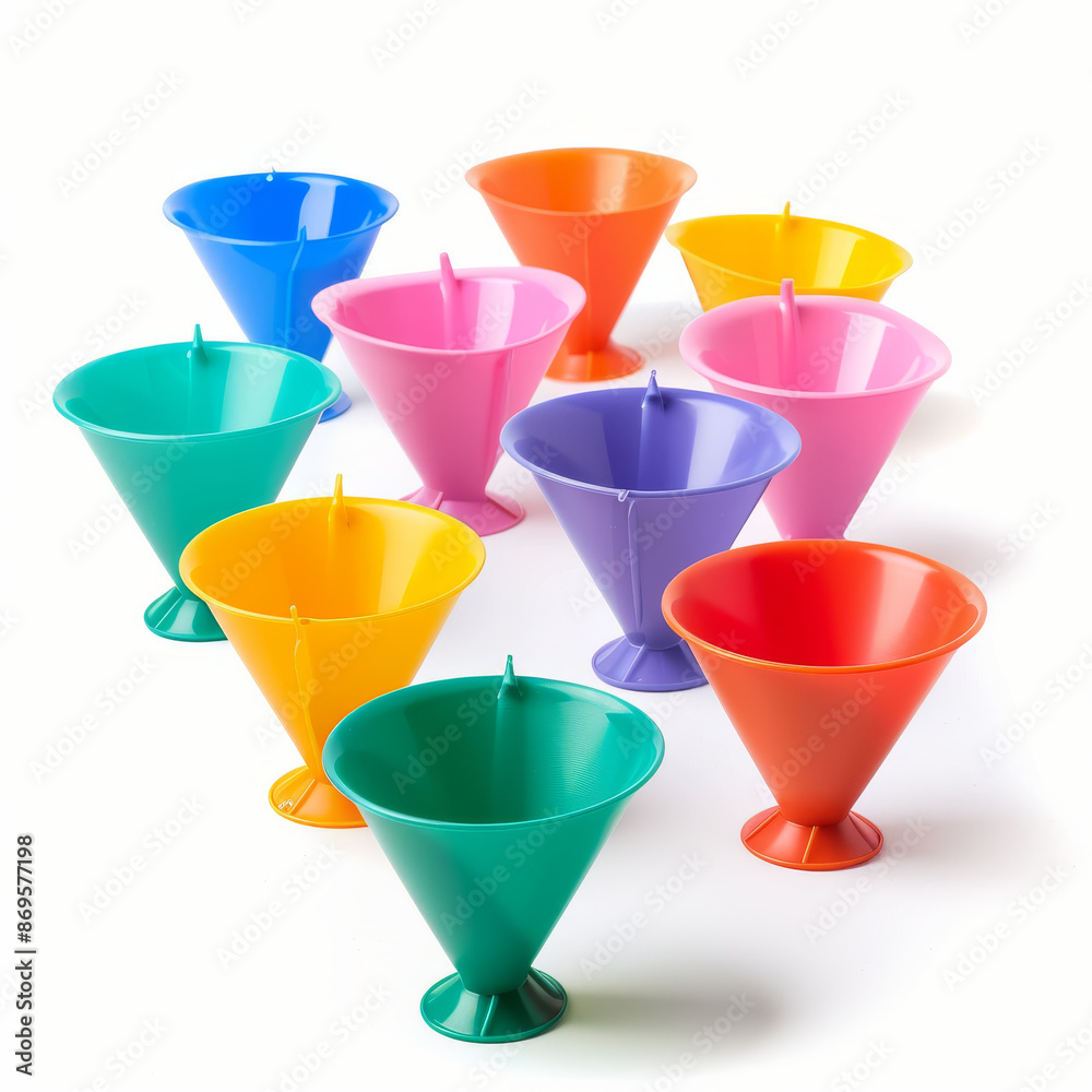 Vibrant assortment of plastic funnels, isolated on a white background. Vibrant assortment of plastic funnels, isolated on a white background.
