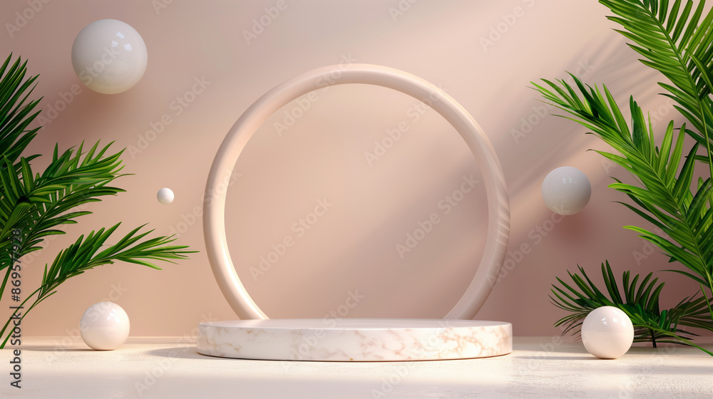 3D render of a circular marble podium stand for product presentation with a tropical concept. Minimal palm leaves and beach sand background 3D render of a circular marble podium stand for product presentation with a tropical concept. Minimal palm leaves and beach sand background