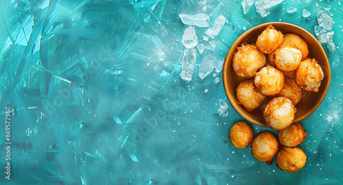 Fried dough balls on blue background with ice