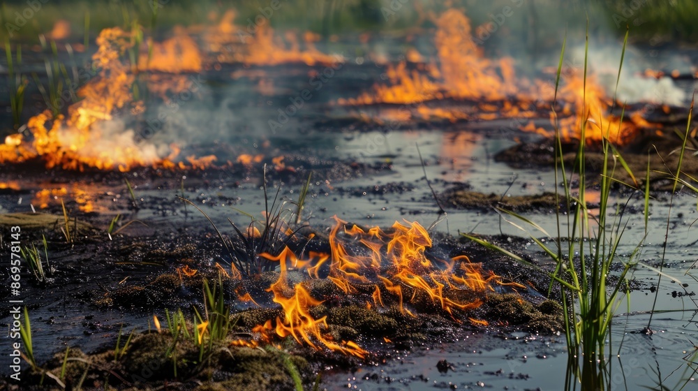 Peat bog ignites in summer: the fire hazard of burning natural materials, natural peat Peat bog ignites in summer: the fire hazard of burning natural materials, natural peat