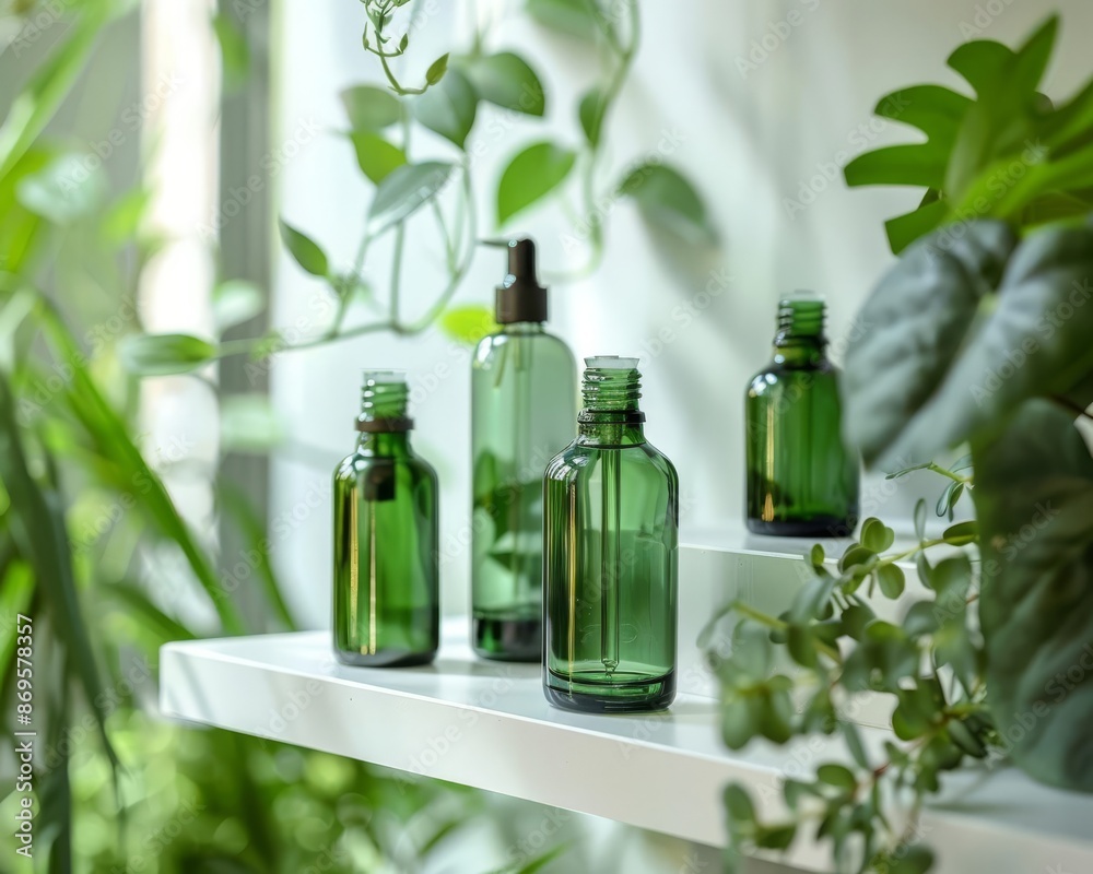 Green glass bottles with dropper on a shelf surrounded by lush greenery. Green glass bottles with dropper on a shelf surrounded by lush greenery.
