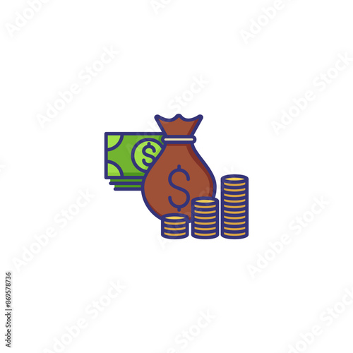 Money bag line icon. Sack with dollar sign, stacks of coins, dollar banknote. Finance concept. Can be used for topics like profit, income, loan, encashment