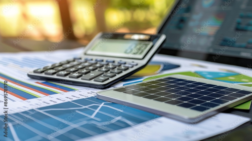 A desk covered with financial reports, a calculator, and a small solar panel device, demonstrating cost-efficiency in energy spending A desk covered with financial reports, a calculator, and a small solar panel device, demonstrating cost-efficiency in energy spending