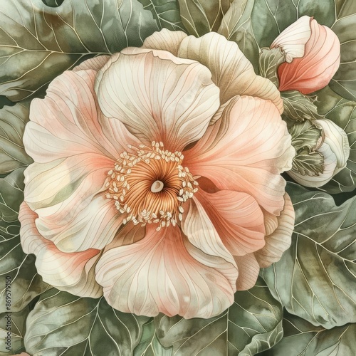 Close-up of a delicate peach blossom with green leaves.