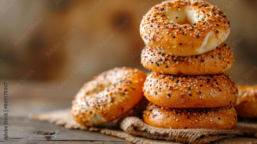 Fresh Bagel Stack: A stack of various bagels showcasing their delicious texture and toppings, against a neutral background. Fresh Bagel Stack: A stack of various bagels showcasing their delicious texture and toppings, against a neutral background.