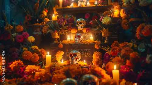 Day of the Dead Altar. A vibrant altar decorated with marigolds, sugar skulls, and candles, celebrating Día de los Muertos