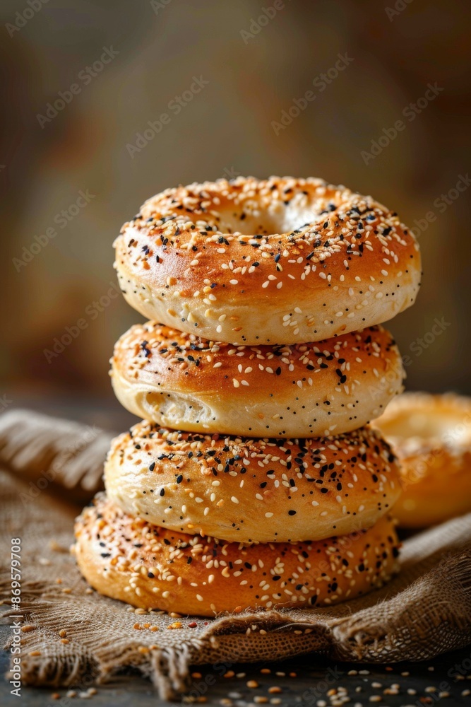 Fresh Bagel Stack: A stack of various bagels showcasing their delicious texture and toppings, against a neutral background. Fresh Bagel Stack: A stack of various bagels showcasing their delicious texture and toppings, against a neutral background.