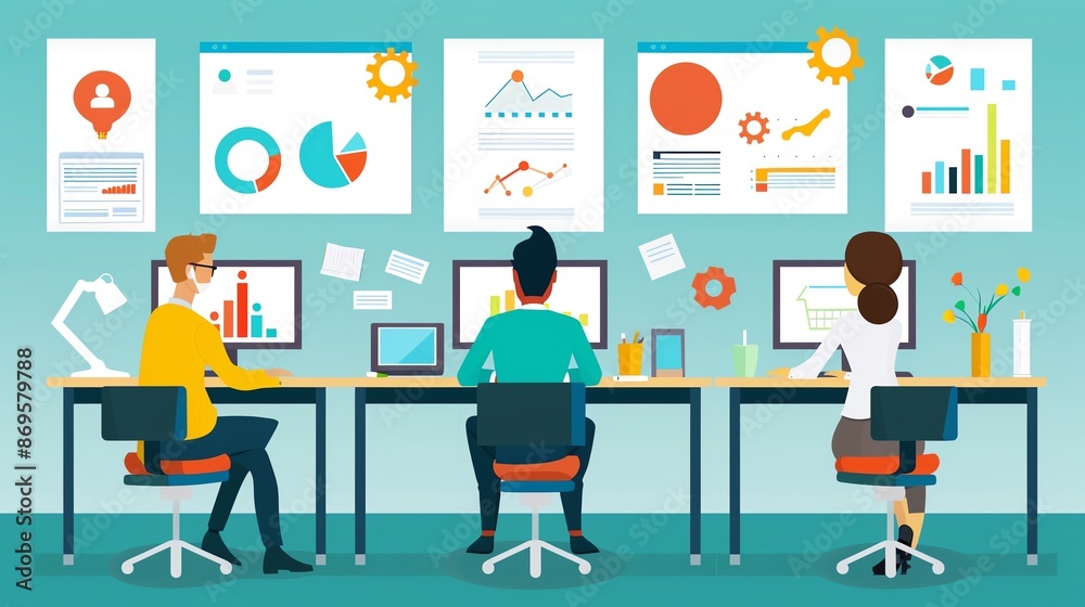 Fototapeta premium Office team working on data analytics and charts, using computers and discussing business strategy. Collaboration and teamwork concept.