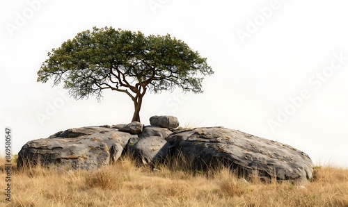 Lone Acacia Tree on Faded Grass Savanna with Rocks, Cut Out