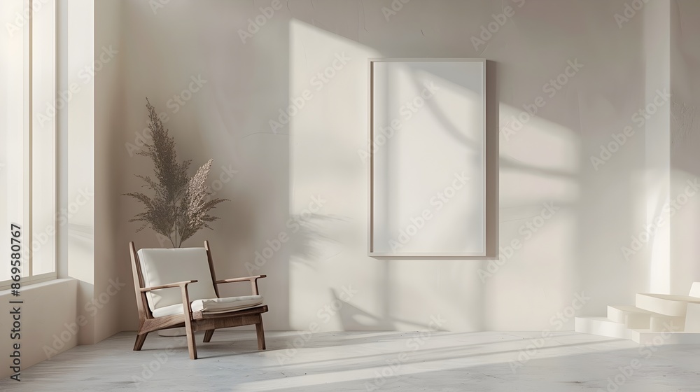 Fototapeta premium Minimalist 3D Rendered Frame and Chair in a Sleek and Elegant Room