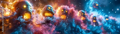 Drone captures aliens laughing in outer space with a worms-eye view twist Utilize vibrant colors and surreal elements for a playful, humorous scene photo