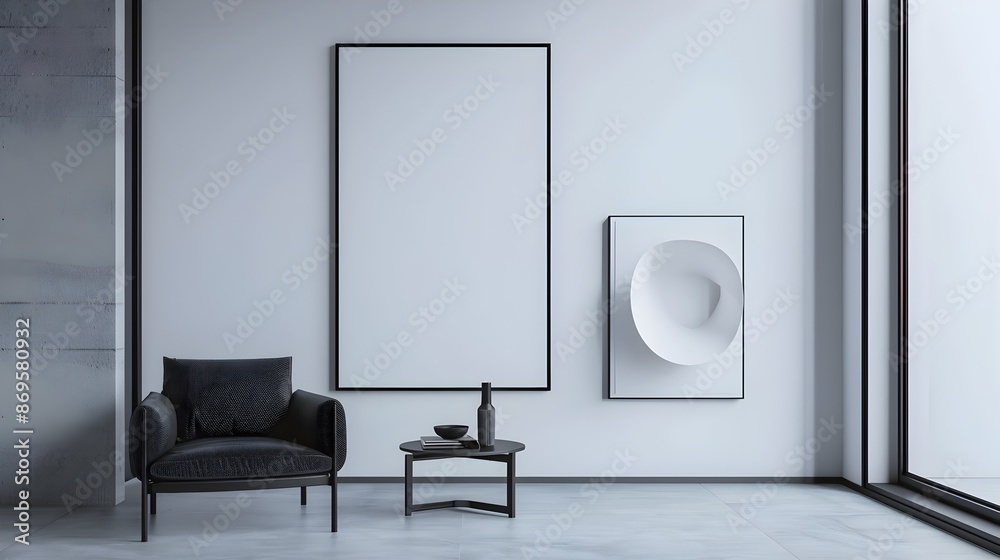 Minimalist 3D Rendered Frame and Sleek Designer Chair in Elegant Interior Minimalist 3D Rendered Frame and Sleek Designer Chair in Elegant Interior