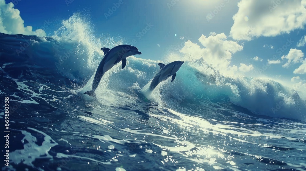 Playful dolphins jumping over breaking waves. Hawaii Pacific Ocean wildlife scenery. Marine animals in natural habitat.