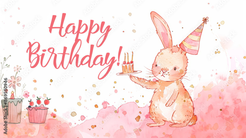 a cute pink party invitation, with a bunny, drawn, happy birthday. a cute pink party invitation, with a bunny, drawn, happy birthday.