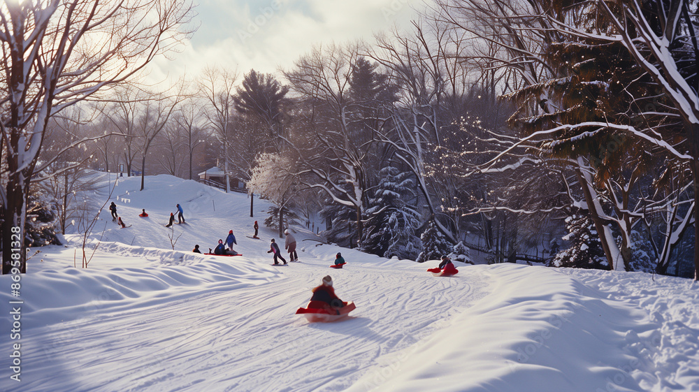 Fototapeta premium Winter Wonderland. A snowy landscape with children playing and sledding, capturing the first snow of the season