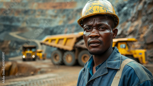 an african egineer dressed in a clean grey and blue worksuit directing trucks of copper at morden looking mine, clean,generative ai photo