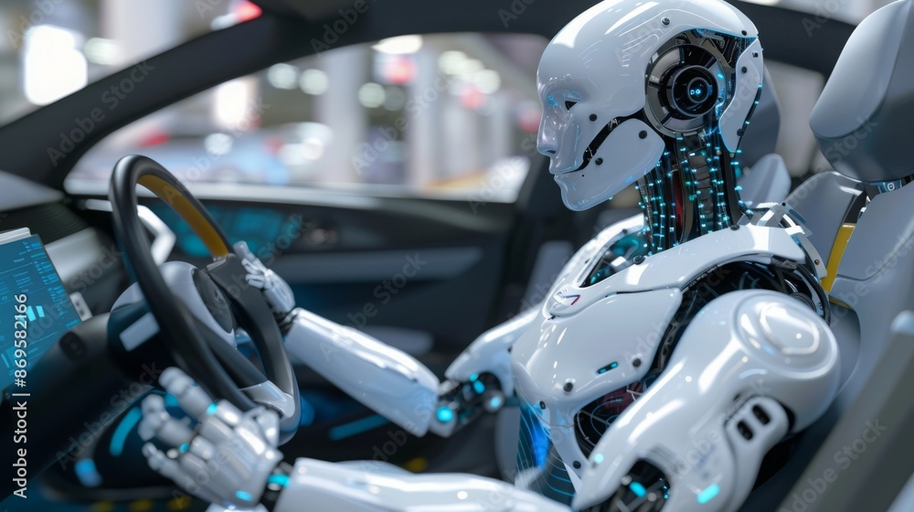 Fototapeta premium A white robot with visible internal mechanisms sits in the drivers seat of a car, holding the steering wheel. The robot is focused on driving, and the cars dashboard is visible behind it.