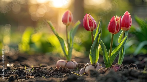Sprouting tulip bulbs in early spring garden #869582133