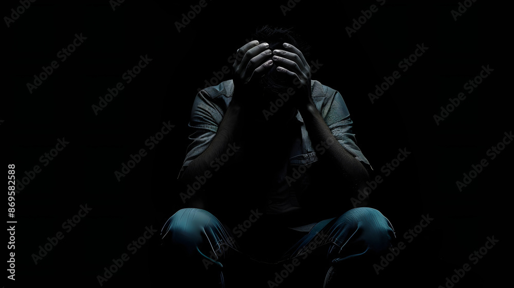 Man sitting alone felling sad worry or fear and hands up on head on black background Man sitting alone felling sad worry or fear and hands up on head on black background