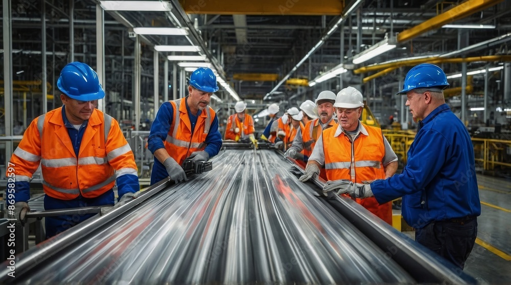 Naklejka premium Workers on the assembly conveyor of automobile plant