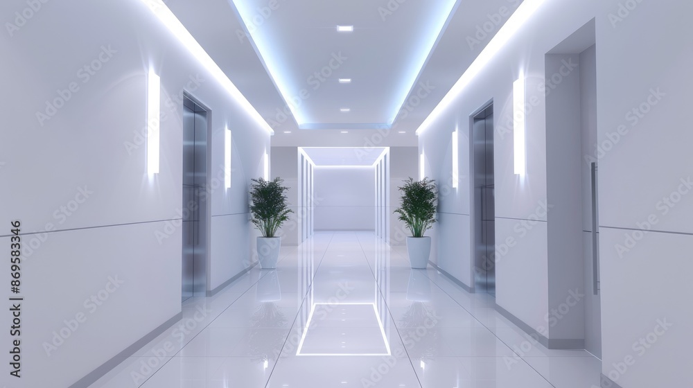 Modern empty foyer or office corridor with sleek clean layout. Idea indoor photos minimal style bright illumination office design lobby Modern empty foyer or office corridor with sleek clean layout. Idea indoor photos minimal style bright illumination office design lobby