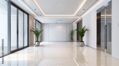 Modern empty foyer or office corridor with sleek clean layout. Idea indoor photos minimal style bright illumination office design lobby