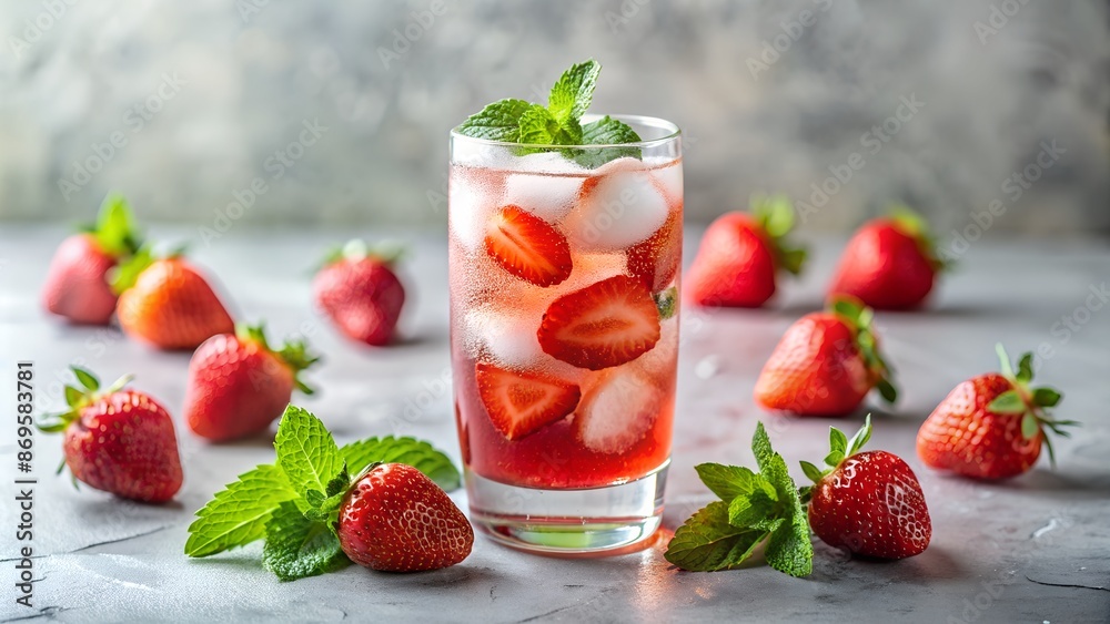 Glass of strawberry soda drink on light background. Glass of strawberry soda drink on light background.
