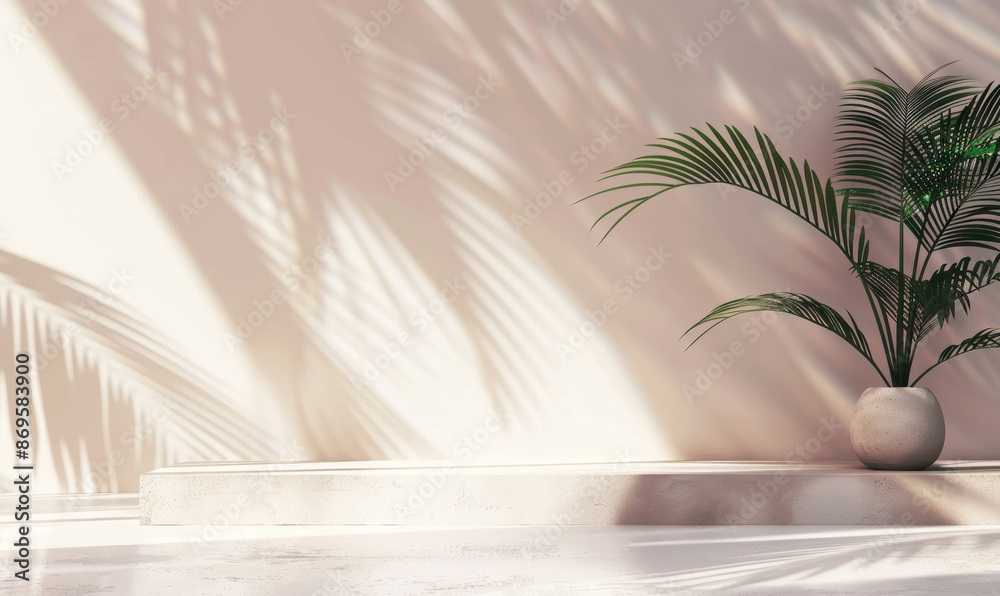 Palm Leaf Shadows on Light Pink Wall for Product Presentation Background, Minimal Nature Scene for Spring and Summer Concepts with Soft Focus