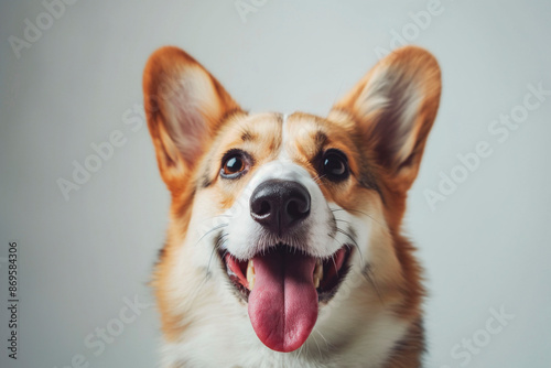 Portrait of a happy corgi dog with tongue out, looking directly at the camera © Iryna