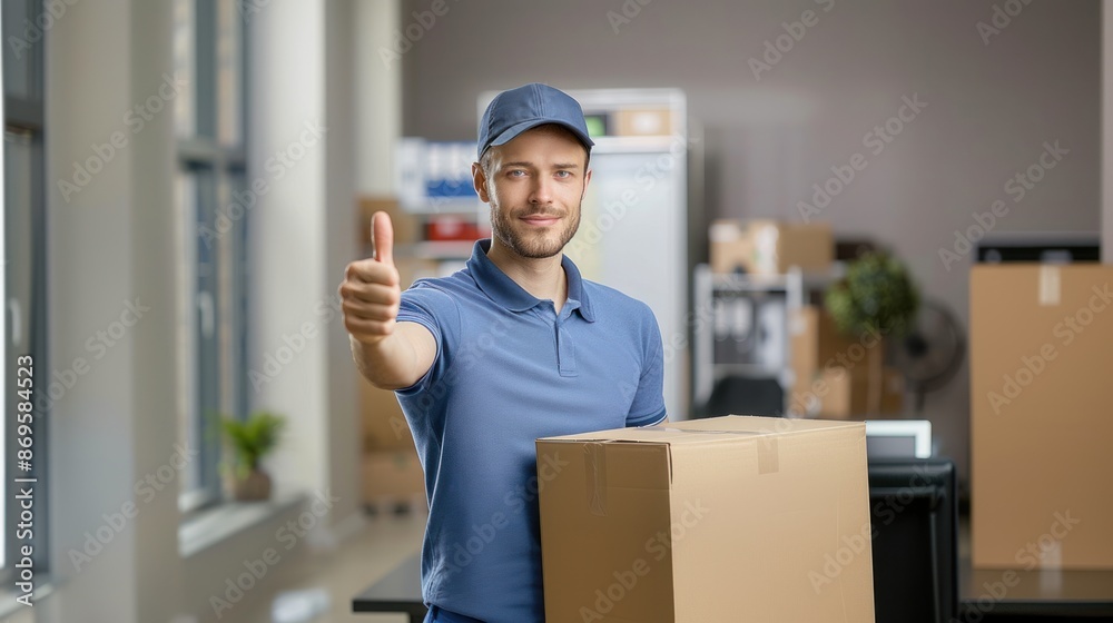 A handsome young American delivery man gives thumbs up gesture with cardboard box in an office setting indicating satisfaction and successful delivery A handsome young American delivery man gives thumbs up gesture with cardboard box in an office setting indicating satisfaction and successful delivery